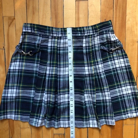 90s Y2K Pleated Green Blue Plaid Mini Kilt Skirt Punk Grunge - Picture 7 of 10